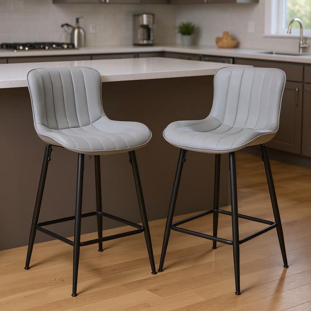 Set of Two 27" Gray And Black Faux Leather And Metal Low Back Counter Height Bar Chairs