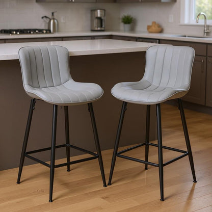 Set of Two 27" Gray And Black Faux Leather And Metal Low Back Counter Height Bar Chairs