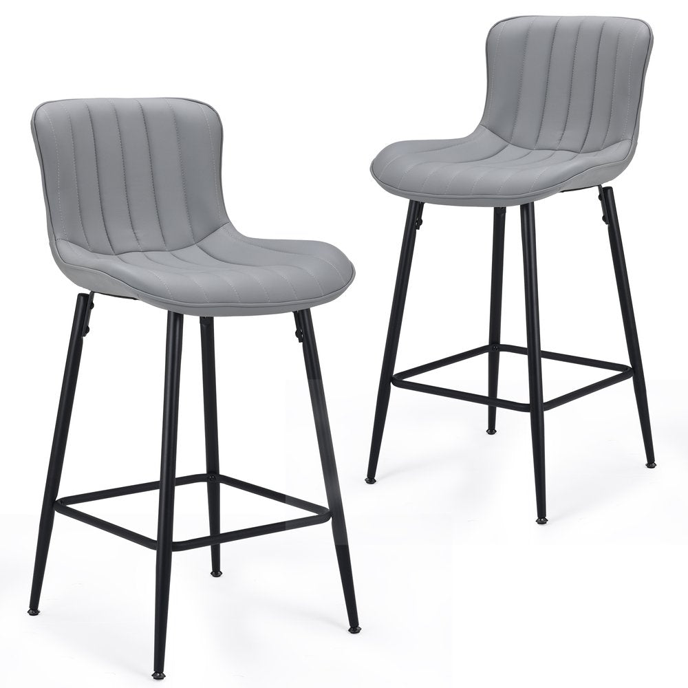 Set of Two 27" Gray And Black Faux Leather And Metal Low Back Counter Height Bar Chairs