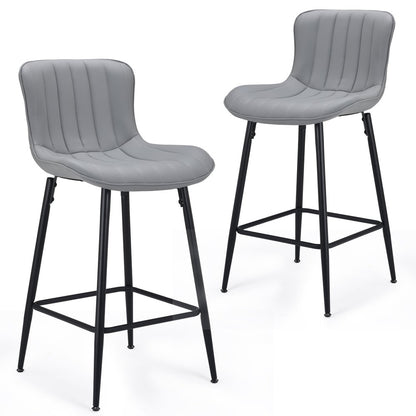 Set of Two 27" Gray And Black Faux Leather And Metal Low Back Counter Height Bar Chairs