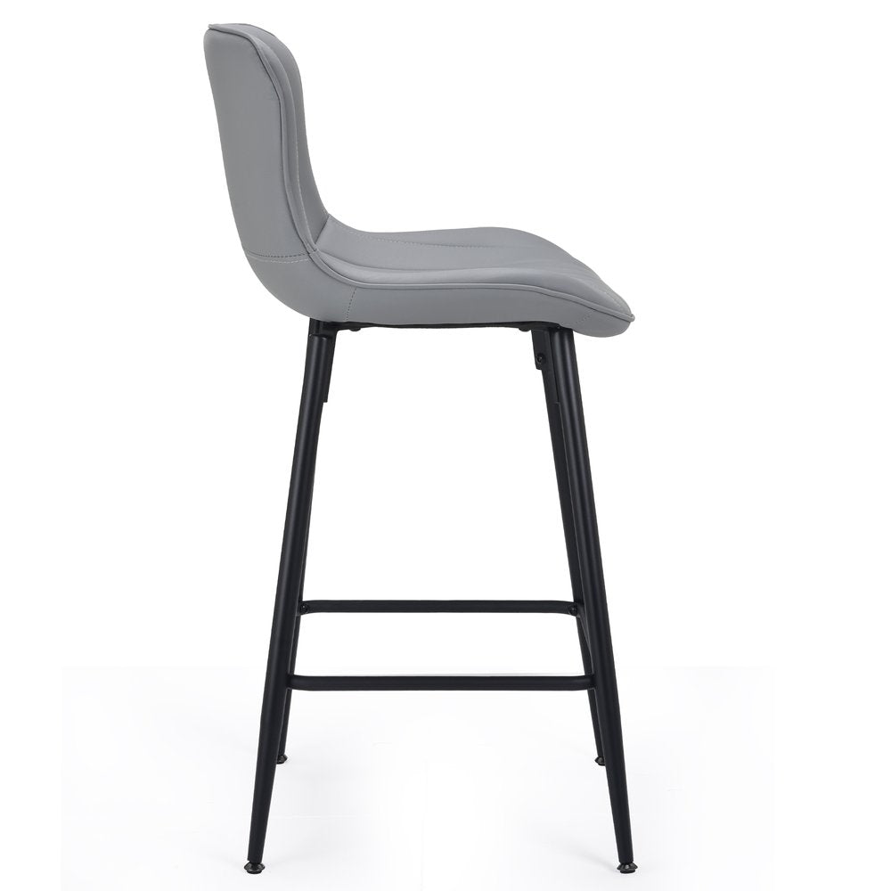Set of Two 27" Gray And Black Faux Leather And Metal Low Back Counter Height Bar Chairs