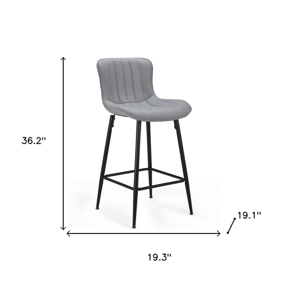 Set of Two 27" Gray And Black Faux Leather And Metal Low Back Counter Height Bar Chairs