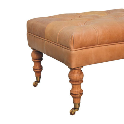 35" Light Brown Rolling Genuine Leather Tufted Ottoman