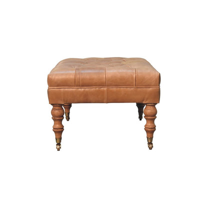 35" Light Brown Rolling Genuine Leather Tufted Ottoman