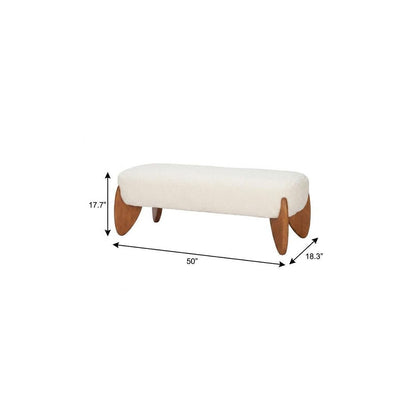 50" Ivory and Brown Boucle and Solid Wood Upholstered Bench