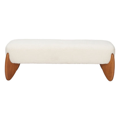 50" Ivory and Brown Boucle and Solid Wood Upholstered Bench