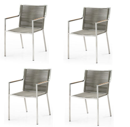 Set of Four Light Brown And Silver Woven Steel Outdoor Arm Chairs