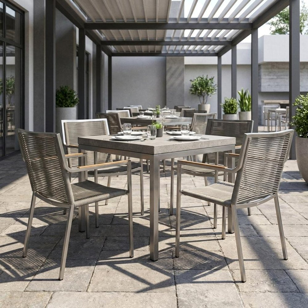 Set of Four Light Brown And Silver Woven Steel Outdoor Arm Chairs