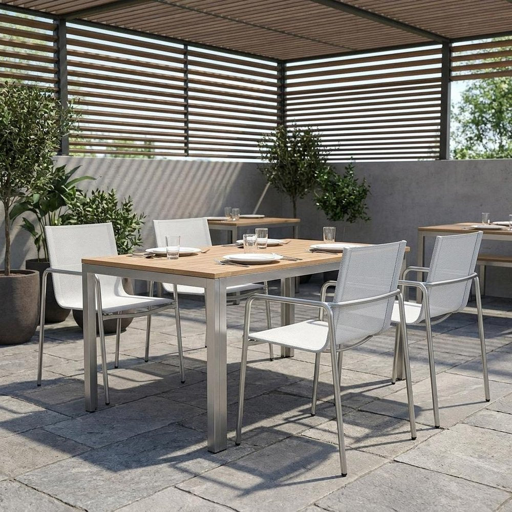 Set of Four Light Gray Steel Sling Outdoor Arm Chairs