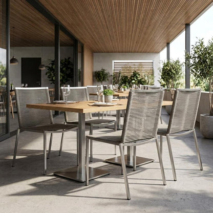 Set of Four Light Brown And Silver Woven Steel Outdoor Dining Chairs