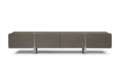 95" Ash Gray And Nickel Wood And Stainless Steel Enclosed Storage TV Stand