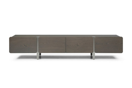 95" Ash Gray And Nickel Wood And Stainless Steel Enclosed Storage TV Stand
