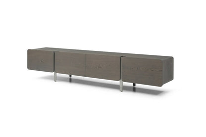 95" Ash Gray And Nickel Wood And Stainless Steel Enclosed Storage TV Stand