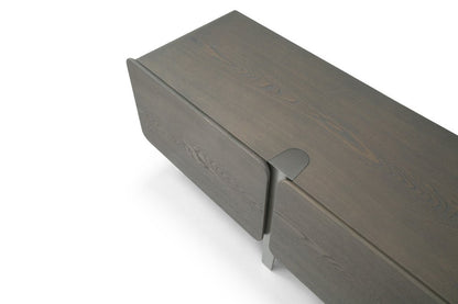 95" Ash Gray And Nickel Wood And Stainless Steel Enclosed Storage TV Stand
