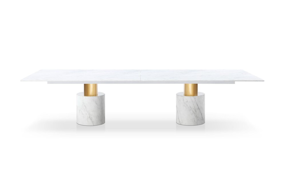 180" White and Gold Marble and Steel Double Pedestal Base Dining Table