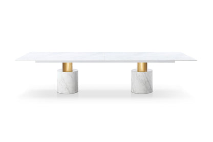180" White and Gold Marble and Steel Double Pedestal Base Dining Table