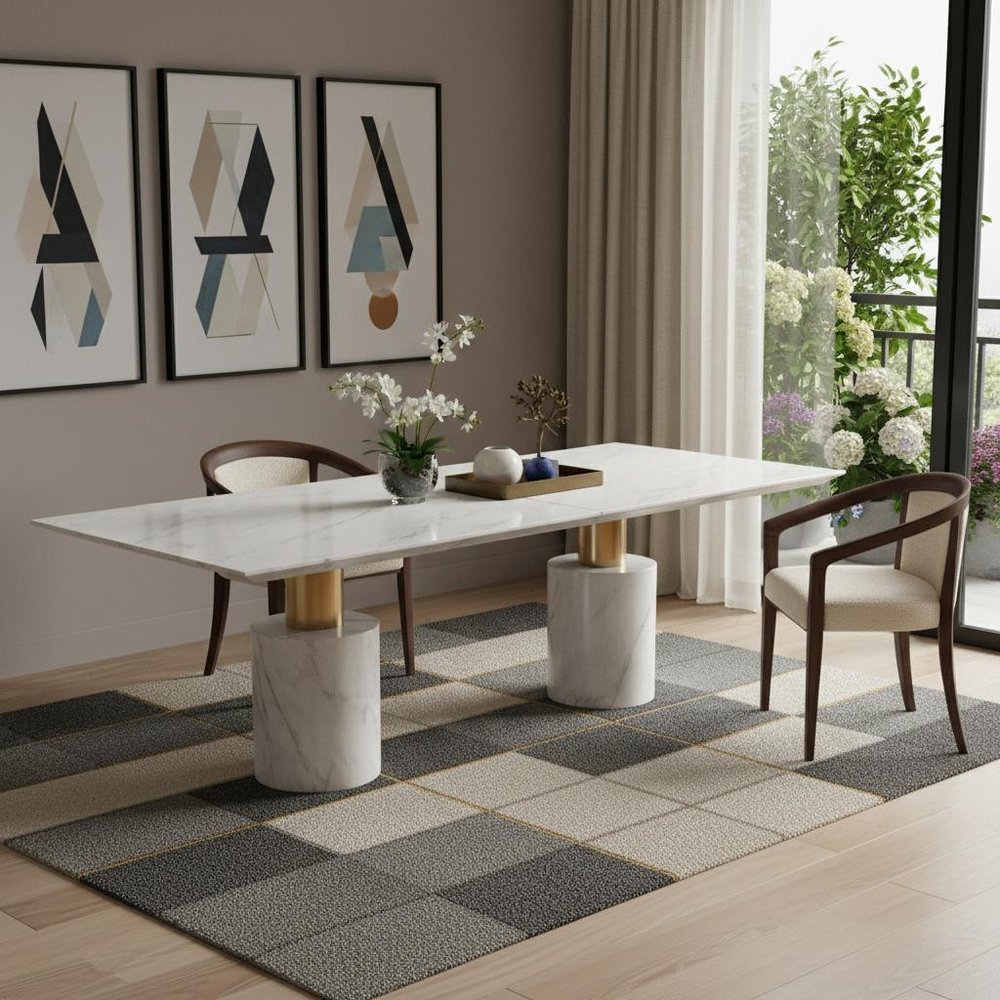 180" White and Gold Marble and Steel Double Pedestal Base Dining Table