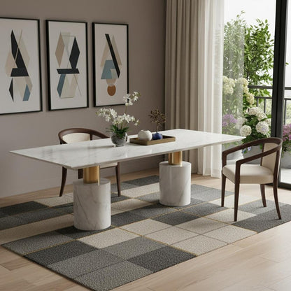 180" White and Gold Marble and Steel Double Pedestal Base Dining Table