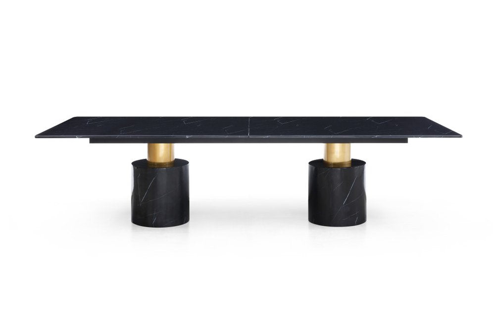 180" Black and Gold Marble and Steel Double Pedestal Base Dining Table