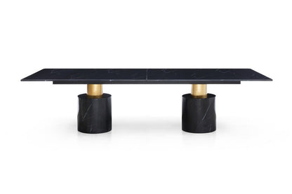 180" Black and Gold Marble and Steel Double Pedestal Base Dining Table