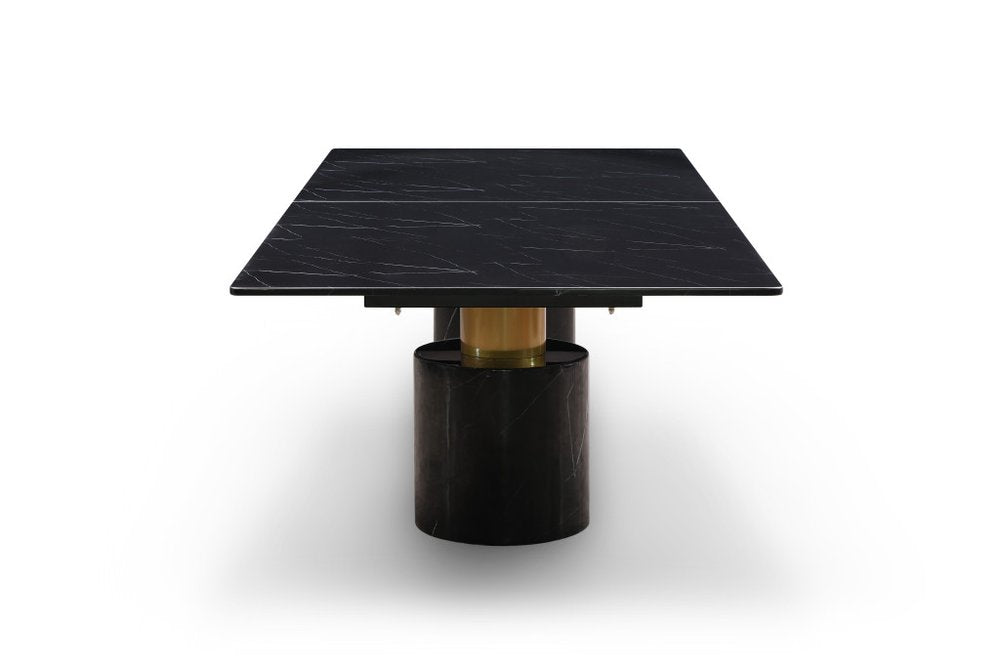 180" Black and Gold Marble and Steel Double Pedestal Base Dining Table