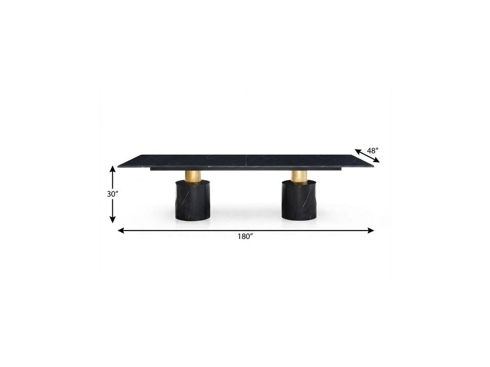 180" Black and Gold Marble and Steel Double Pedestal Base Dining Table