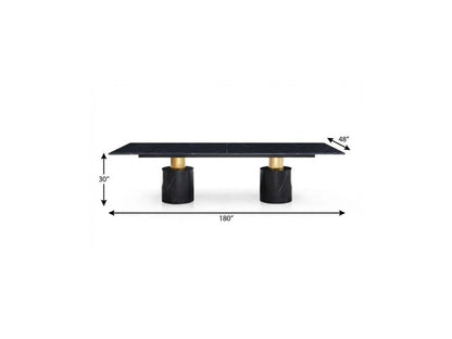 180" Black and Gold Marble and Steel Double Pedestal Base Dining Table