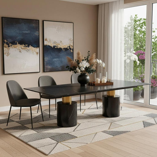180" Black and Gold Marble and Steel Double Pedestal Base Dining Table