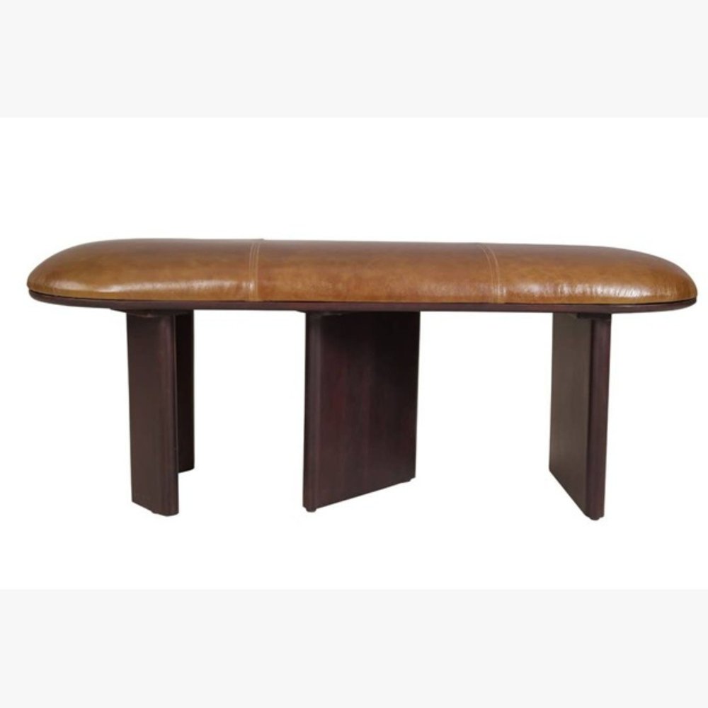 48" Light Brown And Dark Brown Genuine Leather And Solid Wood Upholstered Oval Dining Bench