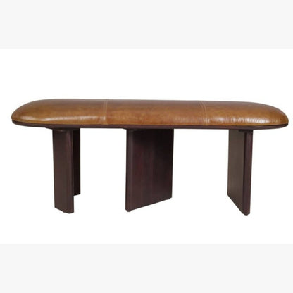 48" Light Brown And Dark Brown Genuine Leather And Solid Wood Upholstered Oval Dining Bench