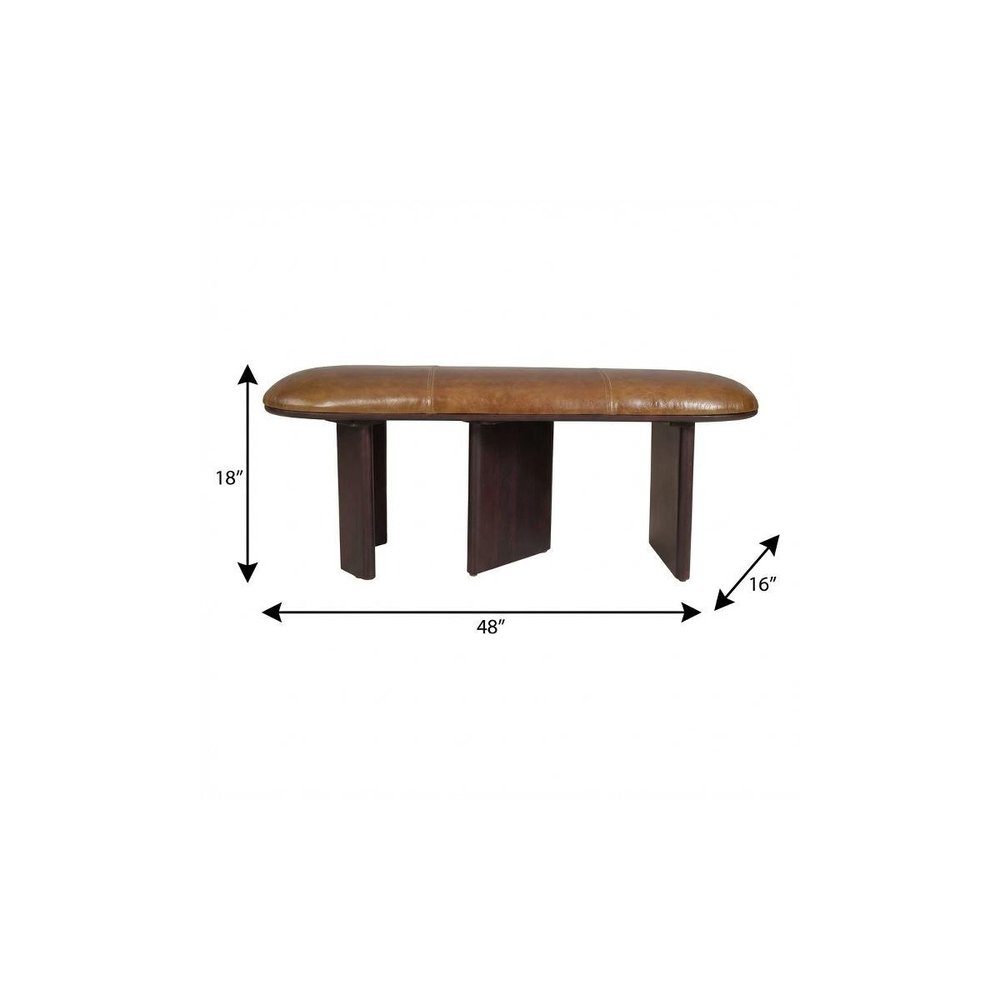 48" Light Brown And Dark Brown Genuine Leather And Solid Wood Upholstered Oval Dining Bench