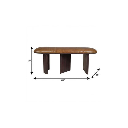 48" Light Brown And Dark Brown Genuine Leather And Solid Wood Upholstered Oval Dining Bench