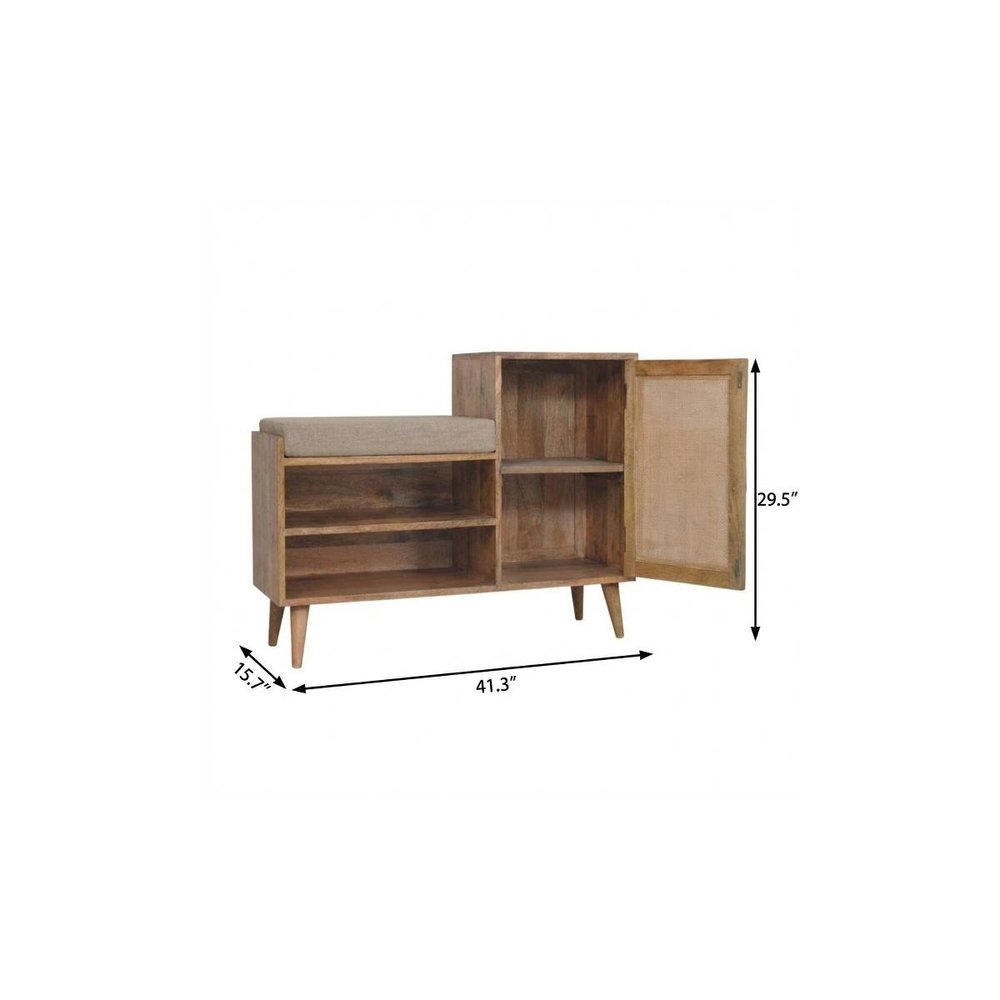 41" Beige And Oak Boucle And Solid Wood Upholstered Storage Bench With Cabinet And Shelves