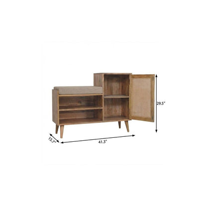 41" Beige And Oak Boucle And Solid Wood Upholstered Storage Bench With Cabinet And Shelves