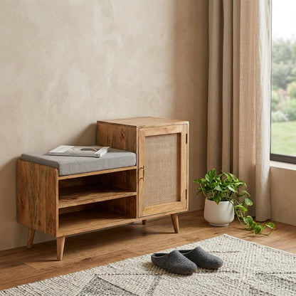41" Beige And Oak Boucle And Solid Wood Upholstered Storage Bench With Cabinet And Shelves