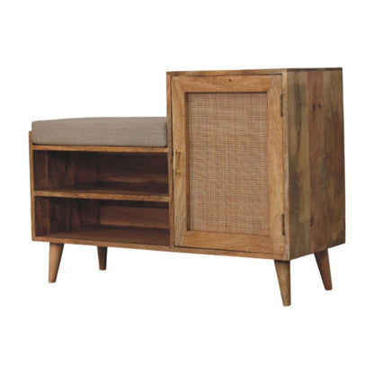41" Beige And Oak Boucle And Solid Wood Upholstered Storage Bench With Cabinet And Shelves