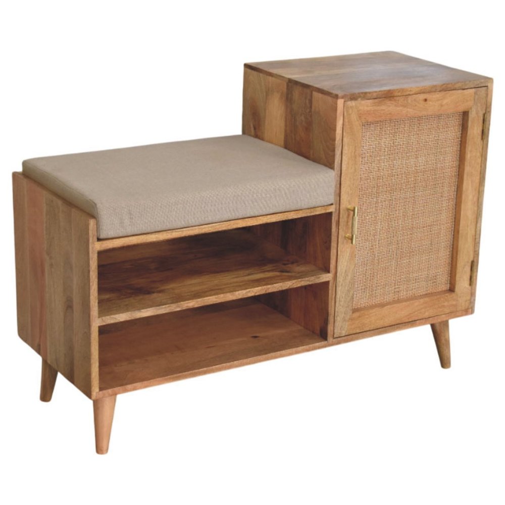 41" Beige And Oak Boucle And Solid Wood Upholstered Storage Bench With Cabinet And Shelves