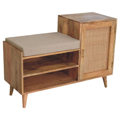 41" Beige And Oak Boucle And Solid Wood Upholstered Storage Bench With Cabinet And Shelves