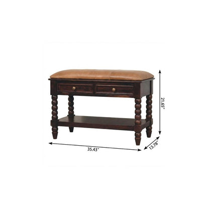 35" Tan And Dark Brown Genuine Leather And Solid Wood Upholstered Storage Bench With Drawers And Shelves