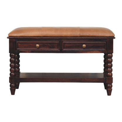35" Tan And Dark Brown Genuine Leather And Solid Wood Upholstered Storage Bench With Drawers And Shelves
