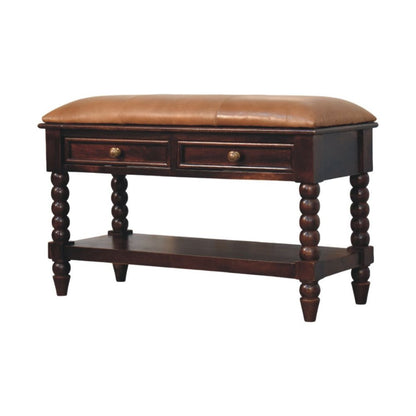 35" Tan And Dark Brown Genuine Leather And Solid Wood Upholstered Storage Bench With Drawers And Shelves