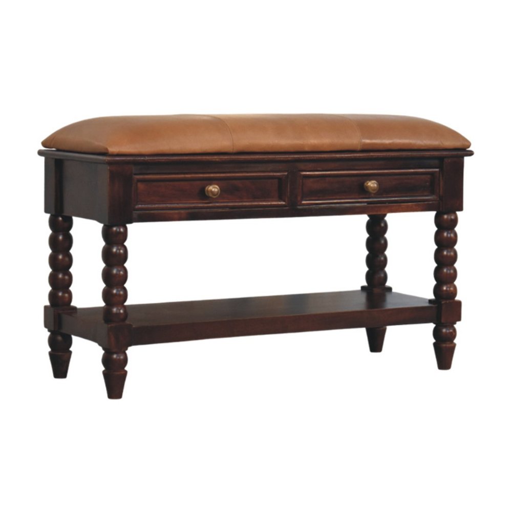 35" Tan And Dark Brown Genuine Leather And Solid Wood Upholstered Storage Bench With Drawers And Shelves