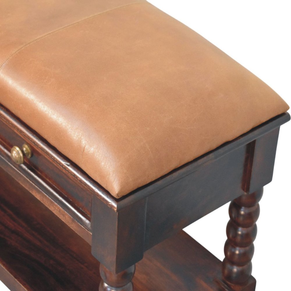 35" Tan And Dark Brown Genuine Leather And Solid Wood Upholstered Storage Bench With Drawers And Shelves