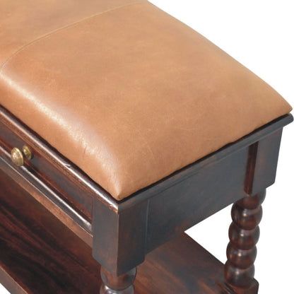 35" Tan And Dark Brown Genuine Leather And Solid Wood Upholstered Storage Bench With Drawers And Shelves