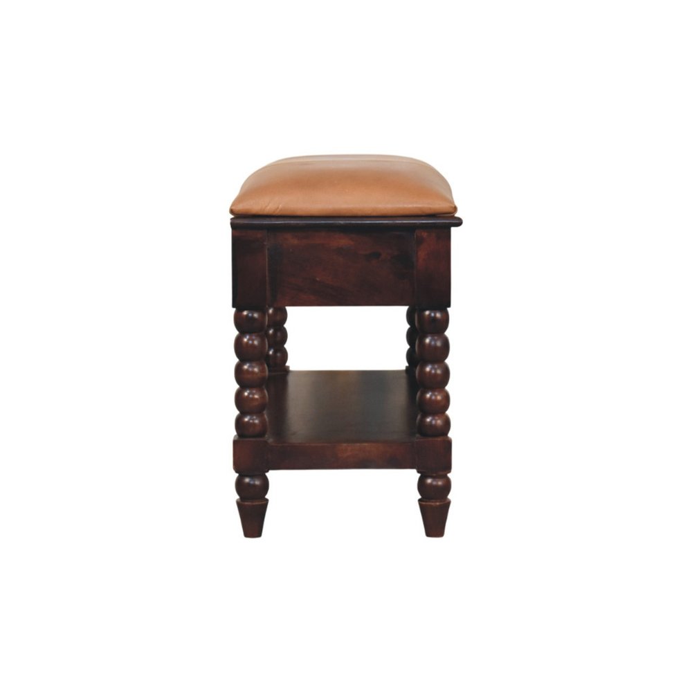 35" Tan And Dark Brown Genuine Leather And Solid Wood Upholstered Storage Bench With Drawers And Shelves