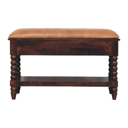 35" Tan And Dark Brown Genuine Leather And Solid Wood Upholstered Storage Bench With Drawers And Shelves