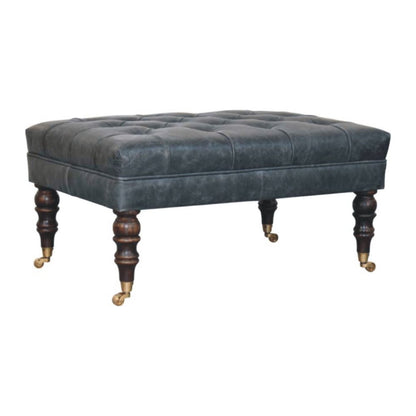 35" Teal Blue Brass And Brown Rolling Leather Tufted Ottoman