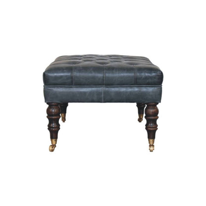 35" Teal Blue Brass And Brown Rolling Leather Tufted Ottoman