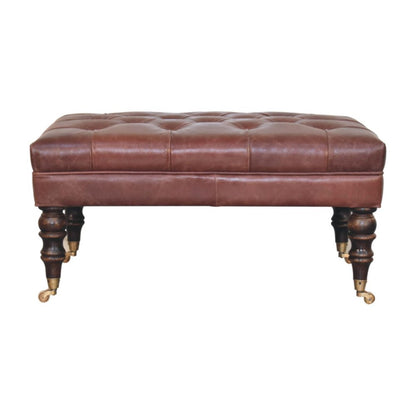 35" Brown And Brass Rolling Genuine Leather Tufted Ottoman