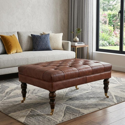 35" Brown And Brass Rolling Genuine Leather Tufted Ottoman